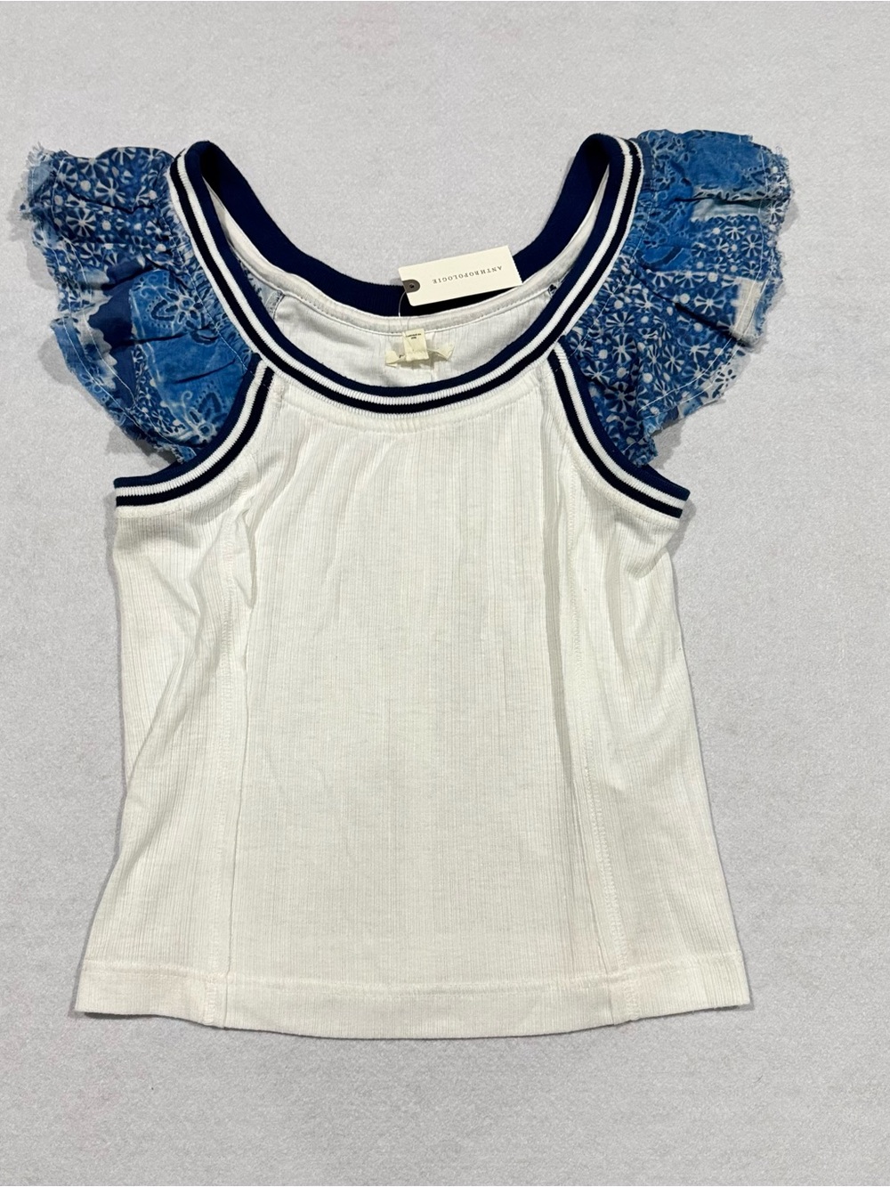 NWT Anthropologie White Ribbed Tank Top with Blue Printed Ruffle Sleeves S